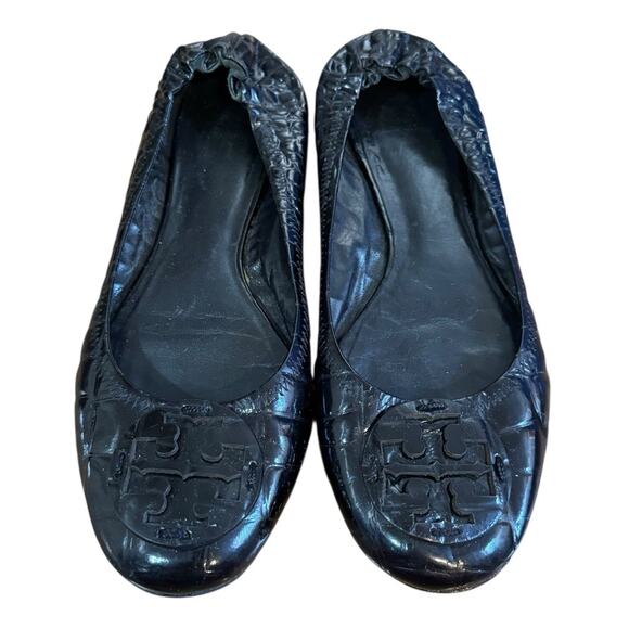 TORY BURCH Reva Black Leather Croc Print Ballet Slip On Flats Scrunch Back 11M - Picture 3 of 11